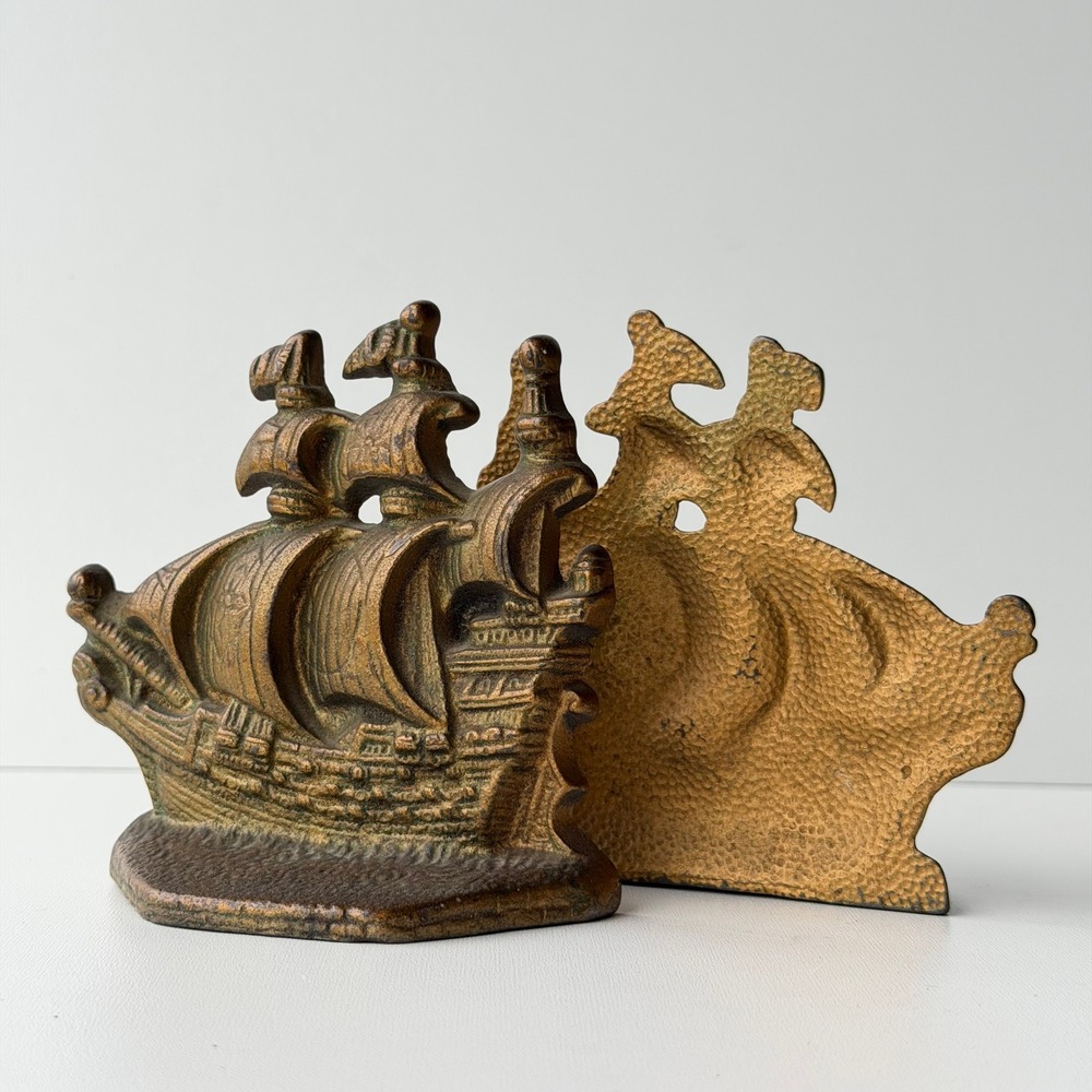 Vintage Brass Nautical Sailing Ship Bookends Gold Antique Cast Iron Sea Ship